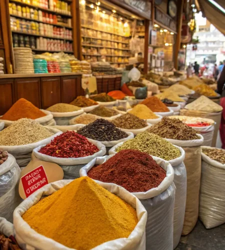 A vibrant image showcasing a colorful assortment of dried spices in traditional containers, ready for export.