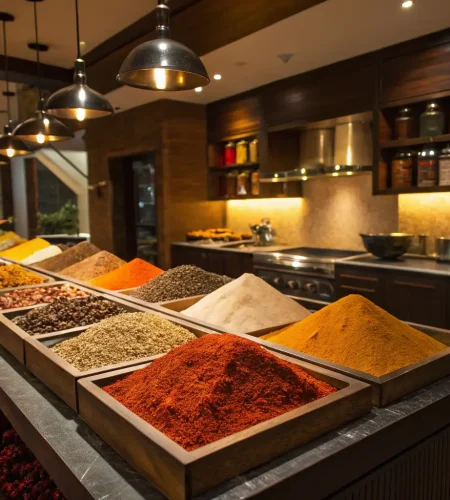 A vibrant image showcasing a colorful assortment of dried spices in traditional containers, highlighting the variety and richness of TARA PUTRA's spice offerings.